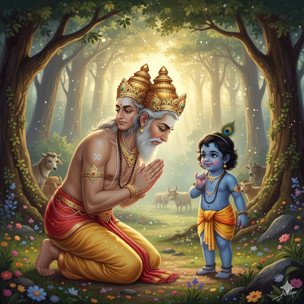 Brahma bowing to Krishna