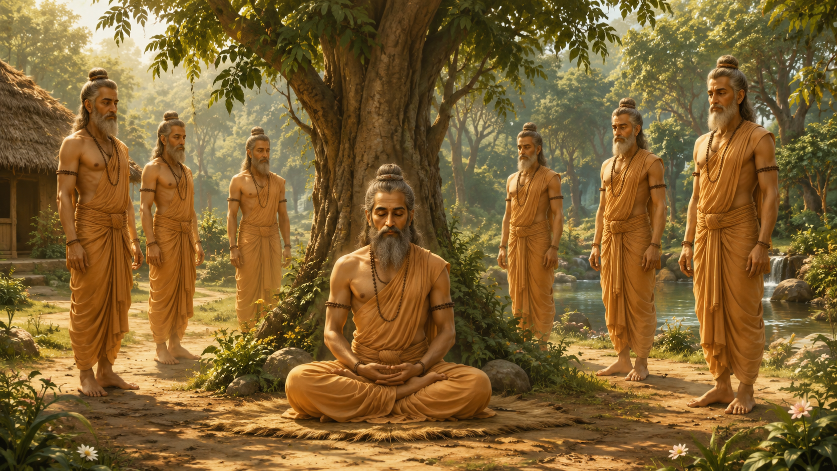 Shaubhari Muni meditating as several identical temporary bodies stand around him in a peaceful forest hermitage.