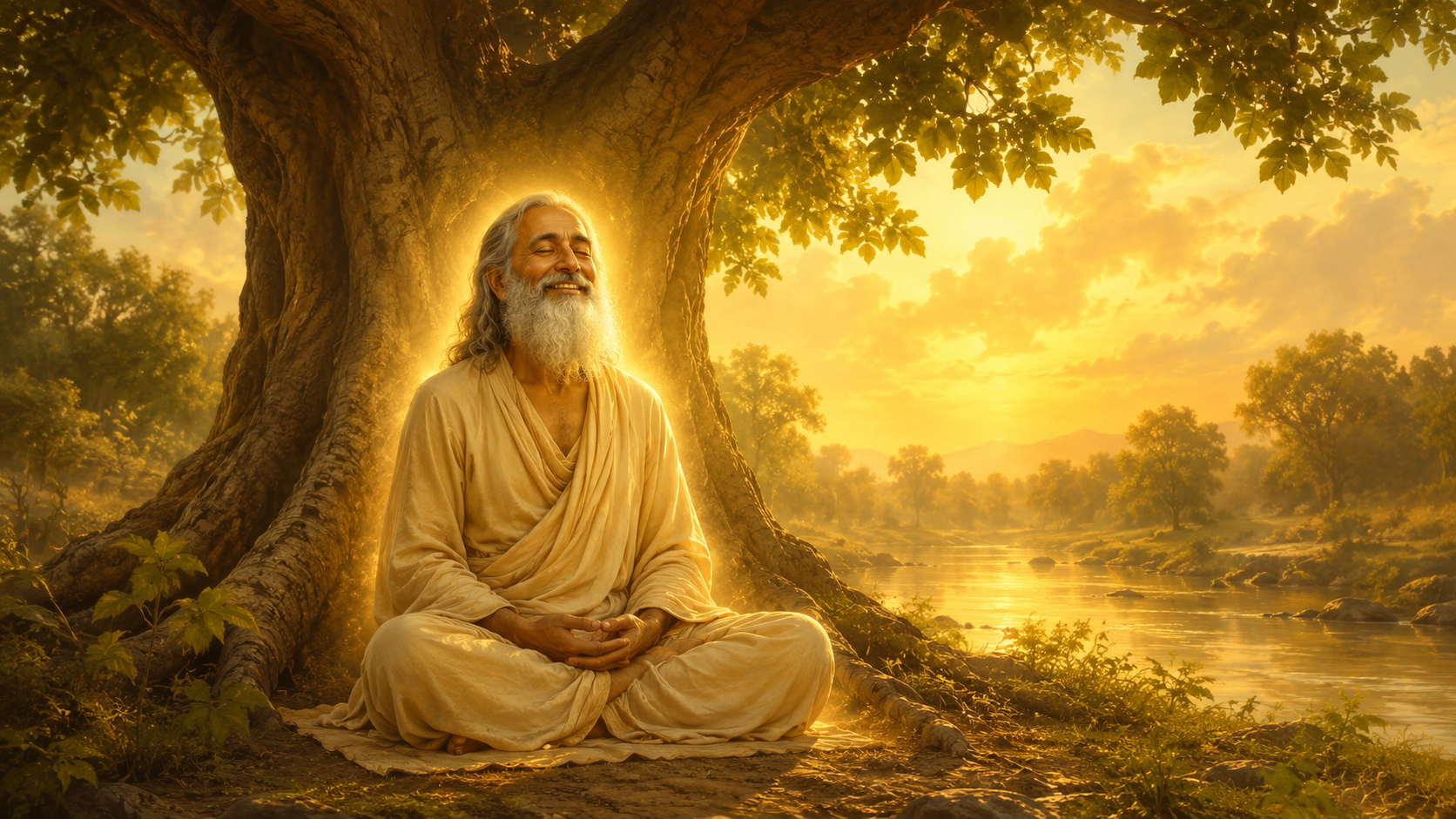 A serene Paramahamsa absorbed in joyful spiritual contemplation, symbolizing Atmaram—one who delights in the Atma through self-realization and love for Shri Krishna.