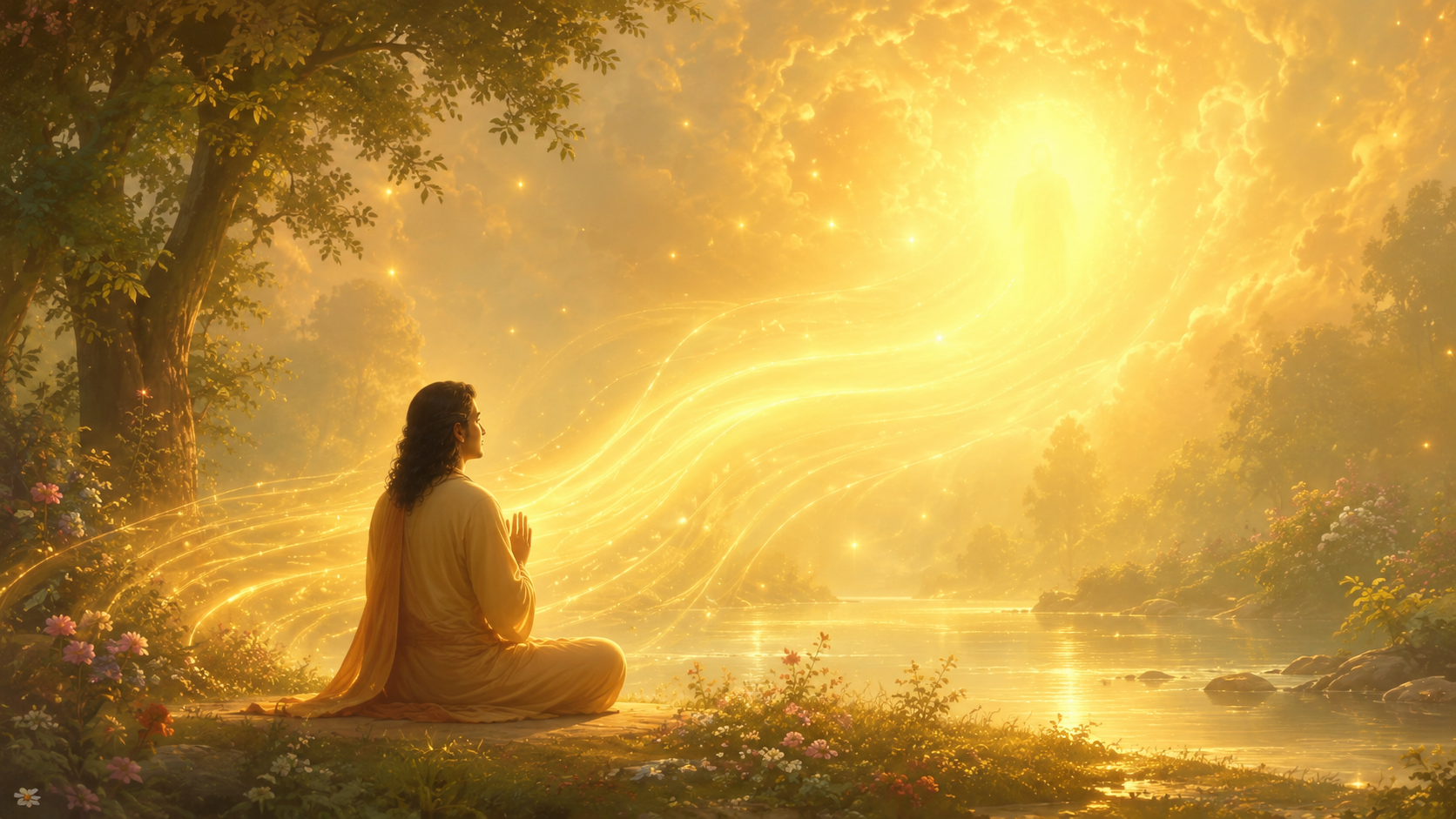A liberated soul immersed in the serene transcendental bliss of the Impersonal Brahm, illustrating Brahmanand, the eternal bliss experienced beyond Maya.