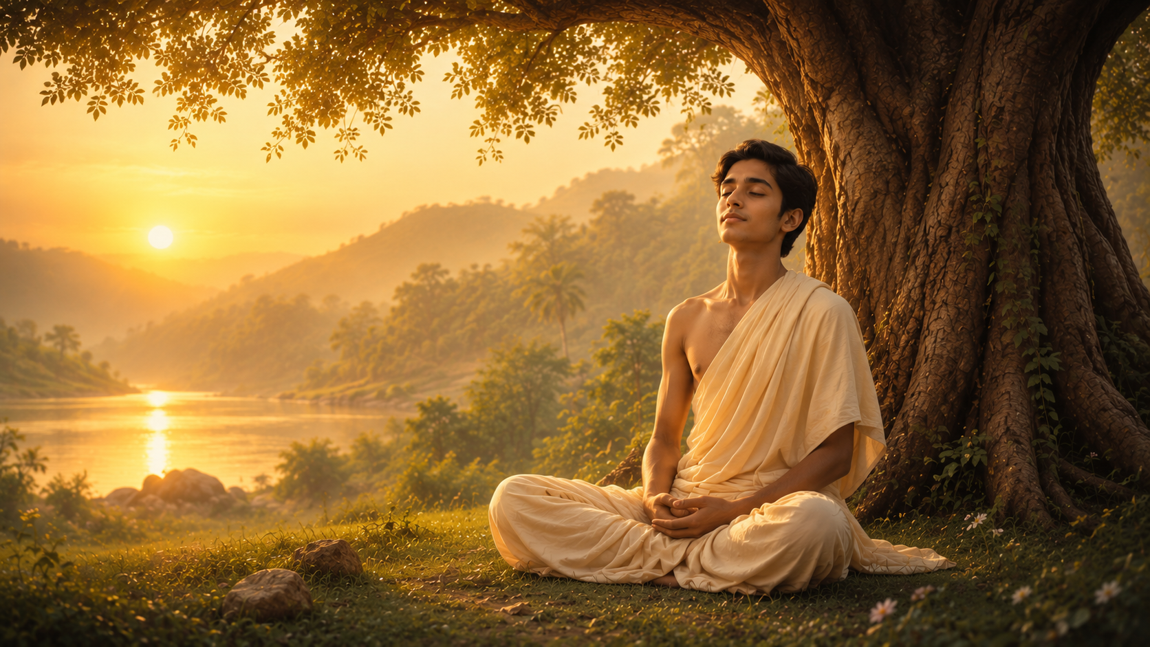 A serene Paramhansa seated in profound God-absorption beneath a sacred tree, symbolizing complete detachment from the world and unwavering absorption in the Divine.
