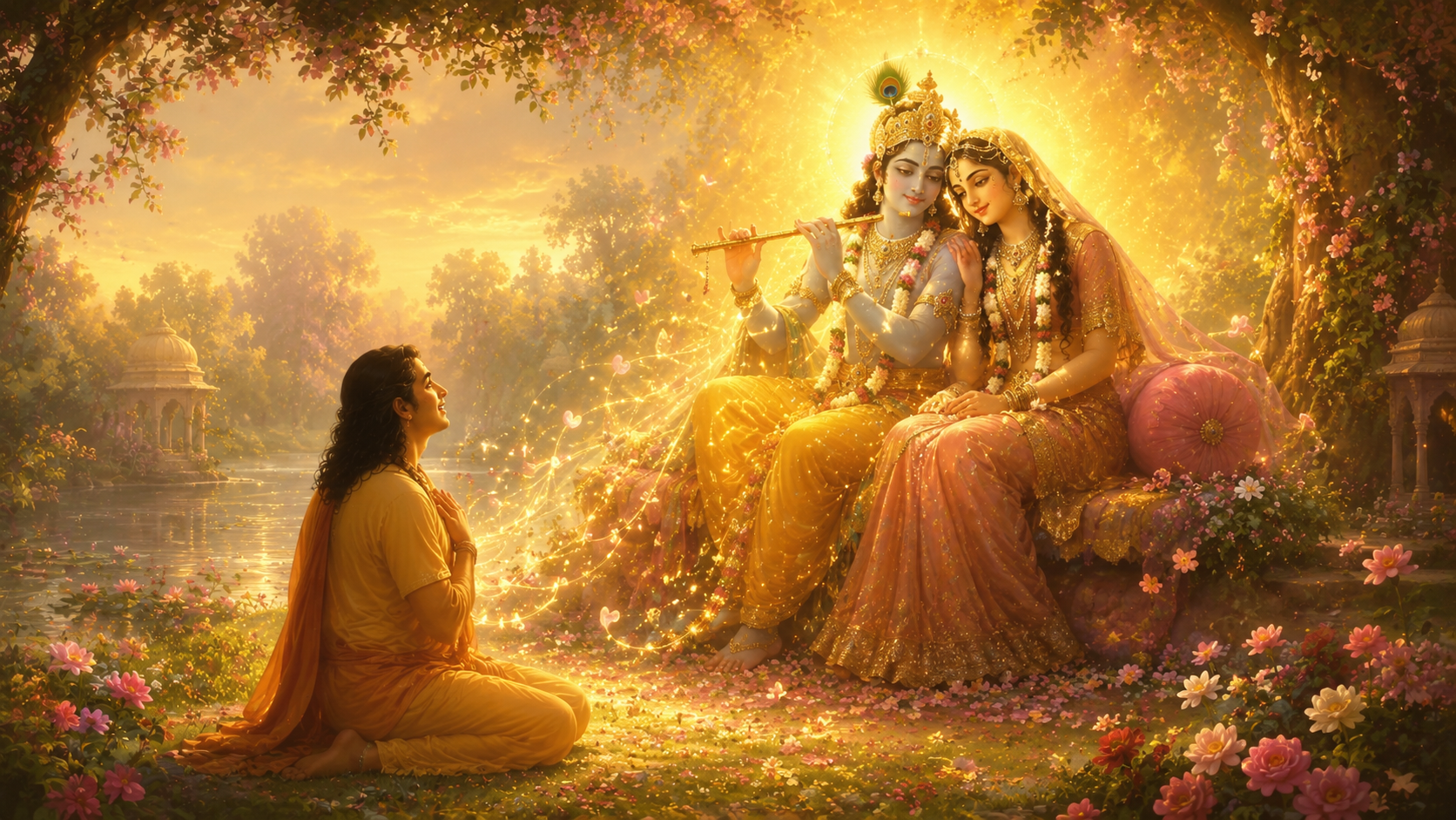 A perfected devotee immersed in loving devotion before Shri Radha Krishna, illustrating Premanand, the highest transcendental bliss of divine love bestowed through Divine Grace.