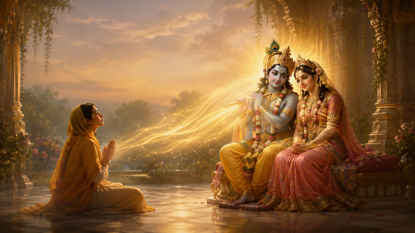Devotee practicing Sadhana Bhakti before Shri Radha Krishna as Divine Grace flows toward her.