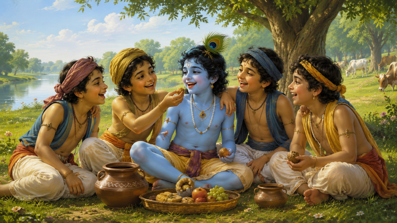Young Shri Krishna laughs with His Brajwasi cowherd friends in the uninhibited intimacy of Sakhya Bhav.
