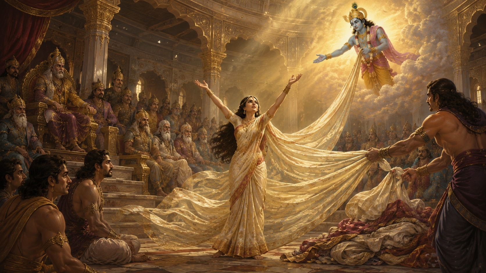 Draupadi raises both arms toward Shri Krishna in complete surrender as the Kaurava assembly remains unable to save her.
