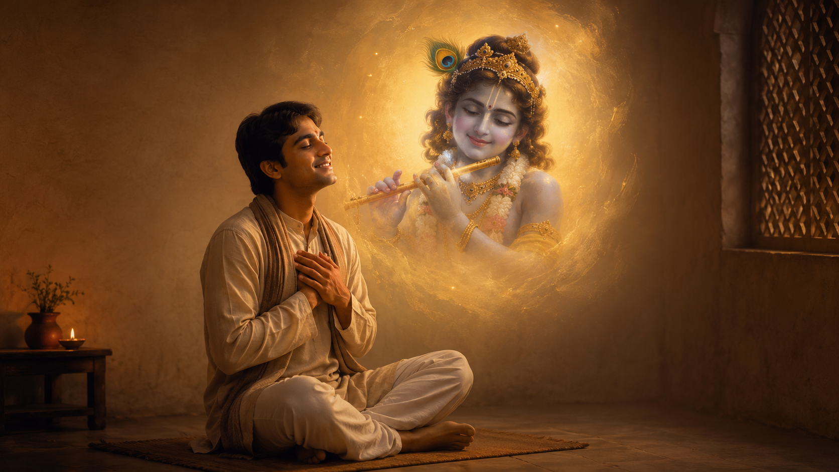 A devotee sits with eyes closed in loving Roop Dhyan, holding the beautiful form of Shri Krishna in his remembrance.