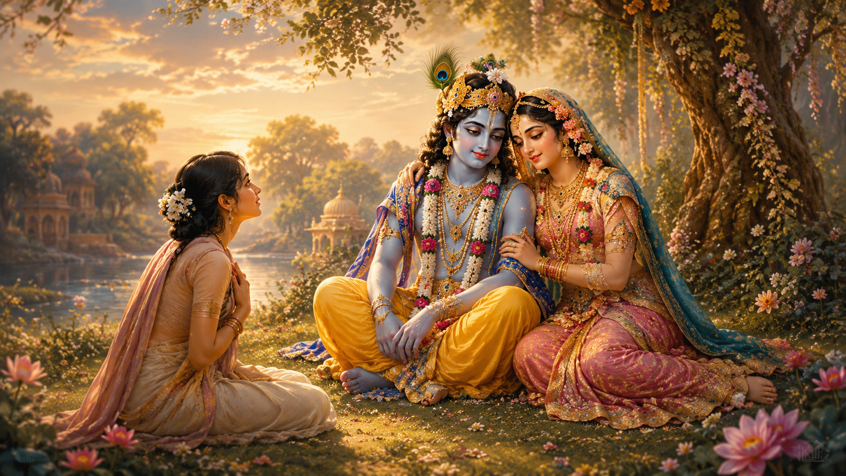 A devotee gazes lovingly at Shri Radha Krishna seated together in a serene, flower-filled Braj setting.