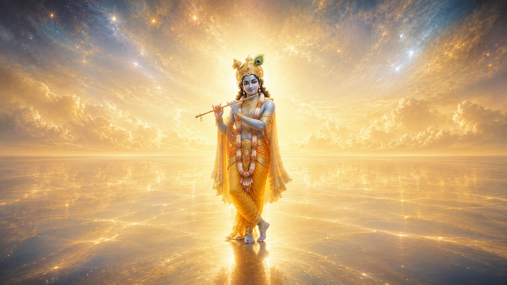 Shri Krishna plays the flute while standing beneath a radiant golden sky reflected across an expansive luminous surface.