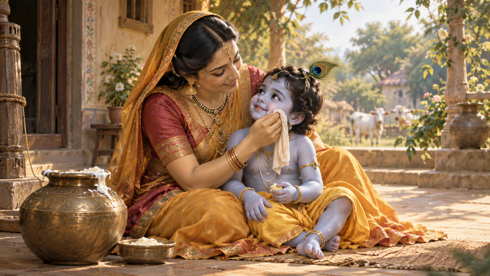 Mother Yashoda lovingly wipes young Shri Krishna's cheek as He sits beside her in a peaceful Nandgoan courtyard.