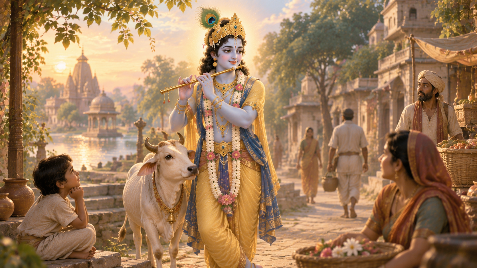 Shri Krishna stands with His flute and a cow in an earthly temple town as nearby villagers only a few notice His luminous Divine presence.