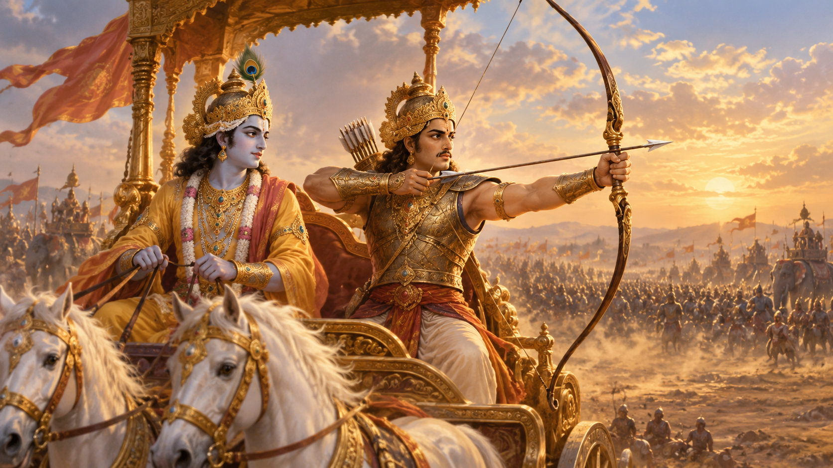Shri Krishna guides the chariot while Arjuna aims his bow on the battlefield.