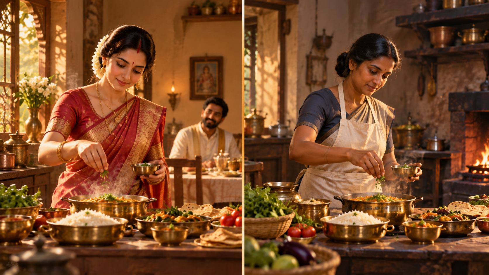 Two women prepare similar meals with equal attention in two different kitchens.