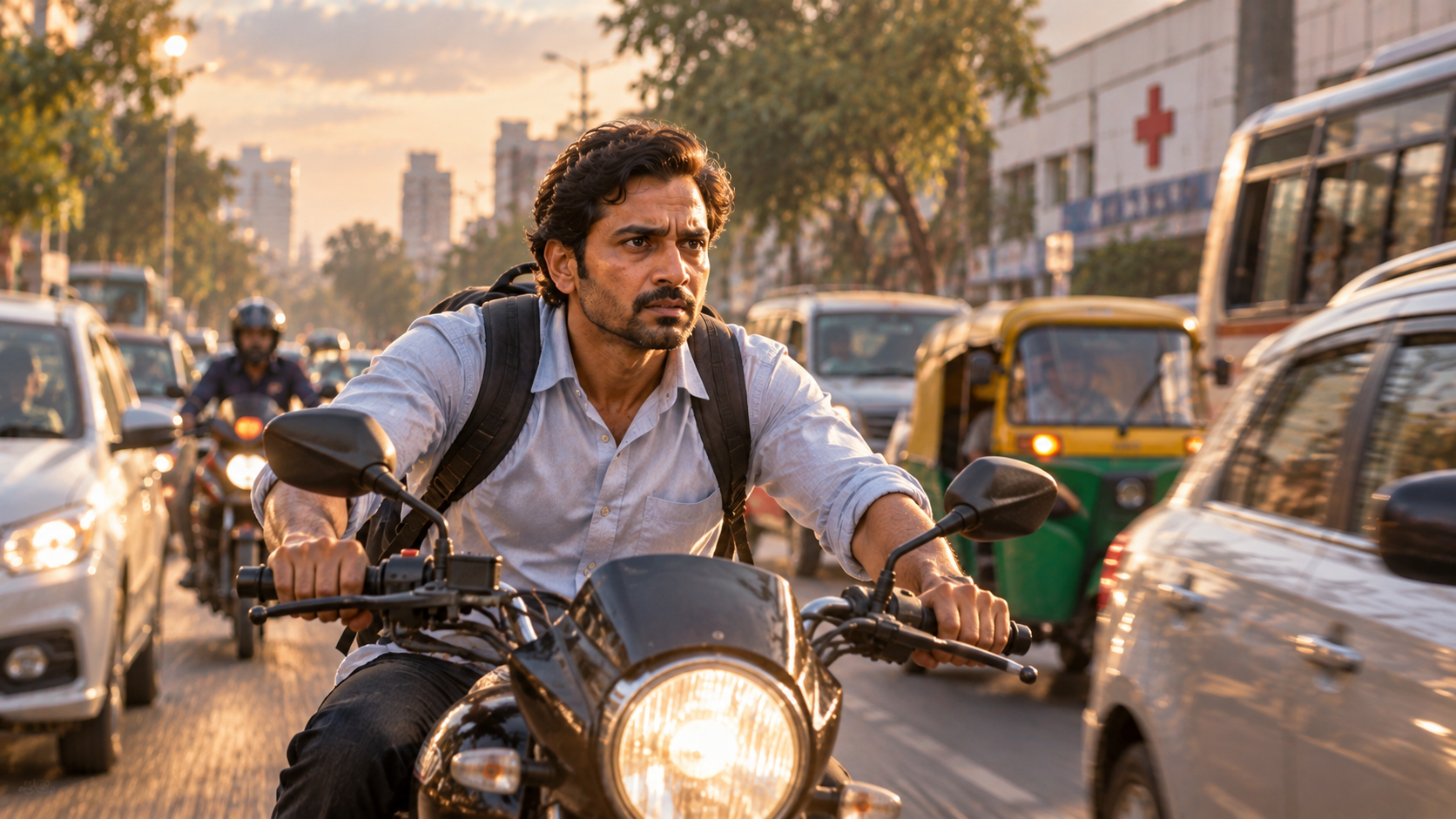 A man concentrates while riding a motorcycle through dense city traffic near a hospital.