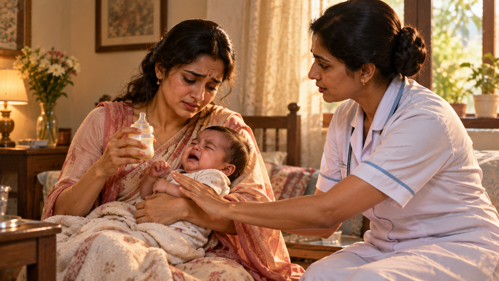 A distressed mother tries to feed her crying infant while a nurse calmly offers assistance.