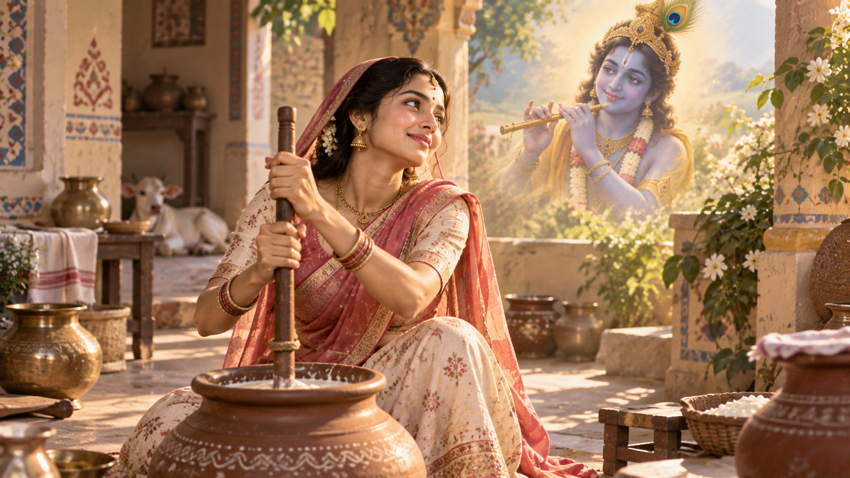 A woman performs the household duty of churning while lovingly remembering Shri Krishna playing the flute.