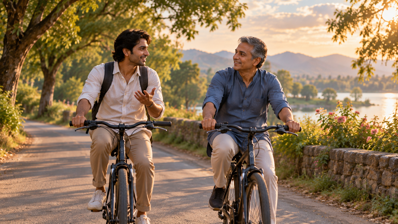 A younger man and an older man converse while cycling together along a quiet country road.