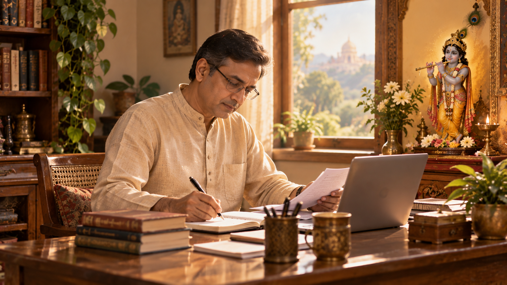 A man works at a desk with books, papers, and a laptop beside a flower-adorned form of Shri Krishna playing the flute.