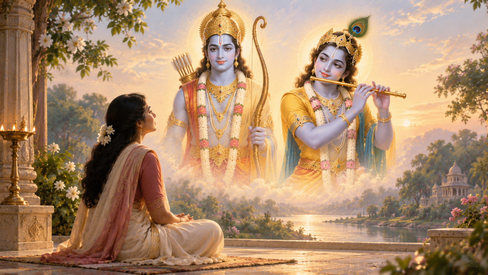 A devotee contemplates radiant Divine forms of Shri Ram holding a bow and Shri Krishna playing the flute.