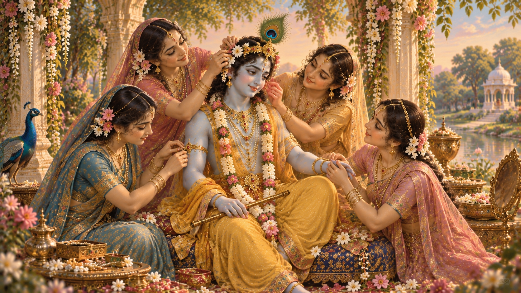 Shri Krishna sits in a flowering garden as four loving Gopis adorn Him with flowers and jewelry.