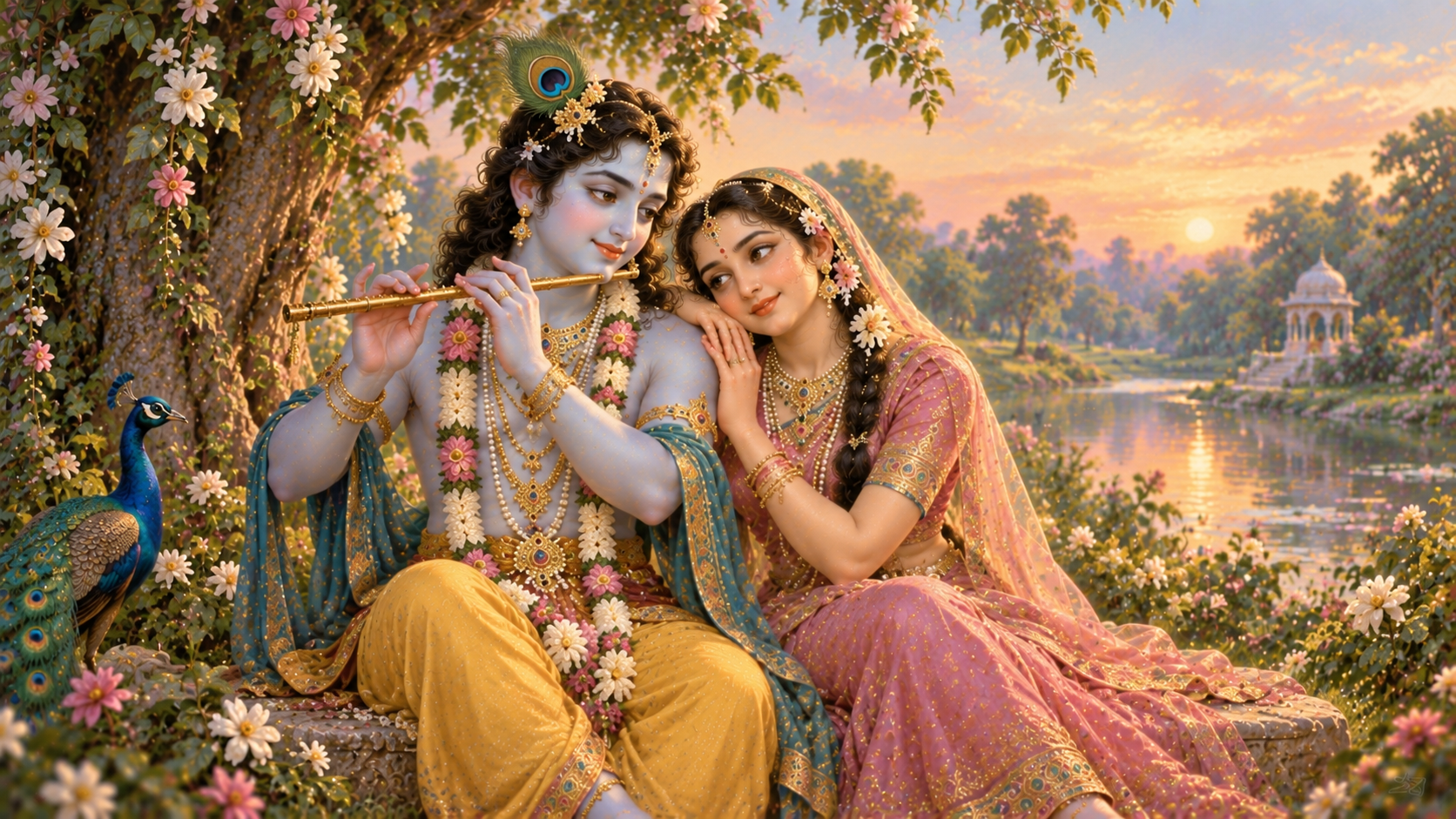 Shri Radha rests affectionately beside Shri Krishna as He plays the flute in a flowering garden at sunset.