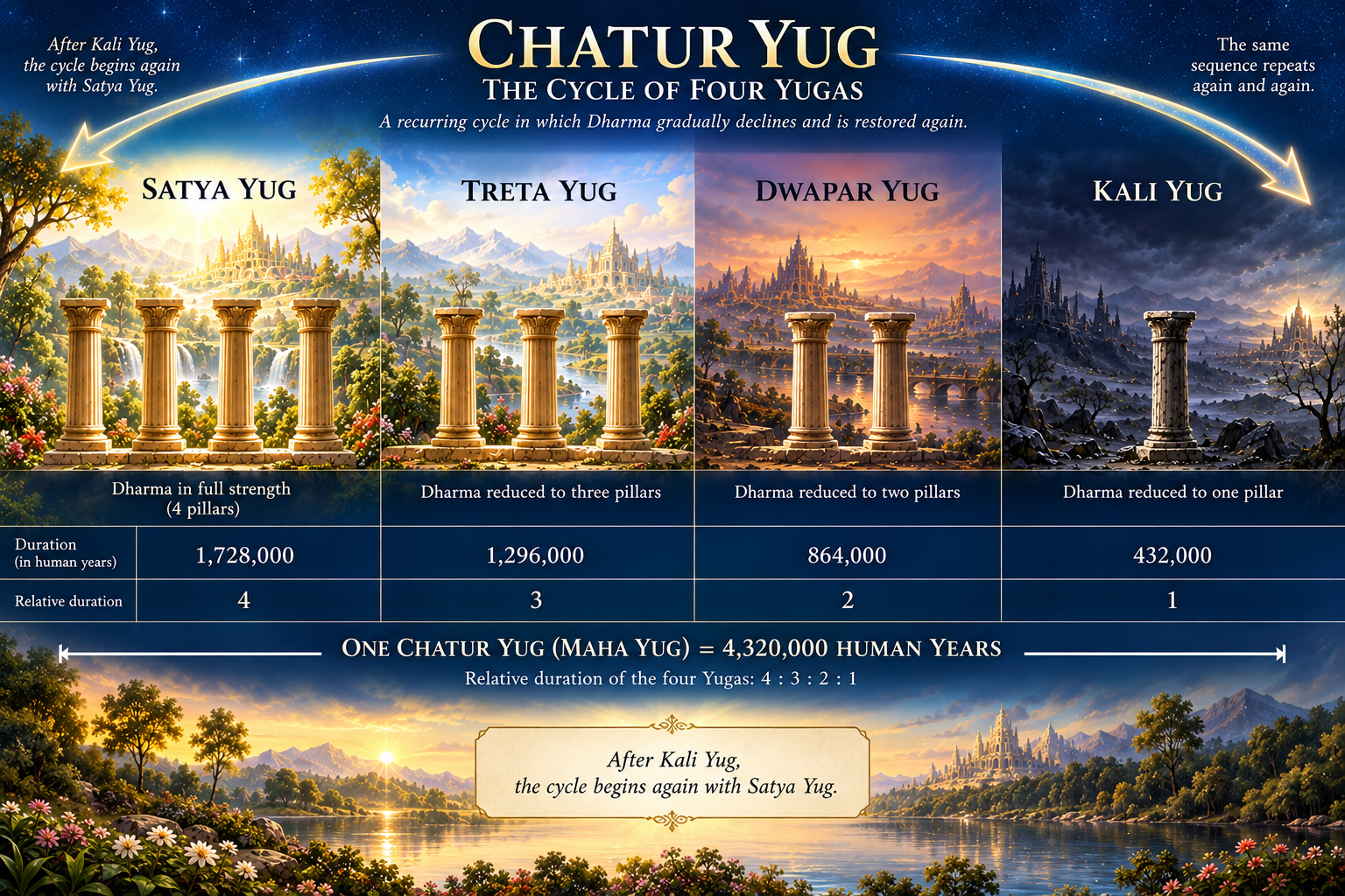 Chatur Yug infographic showing Satya, Treta, Dwapar, and Kali Yug, their durations, and Dharma declining from four pillars to one.
