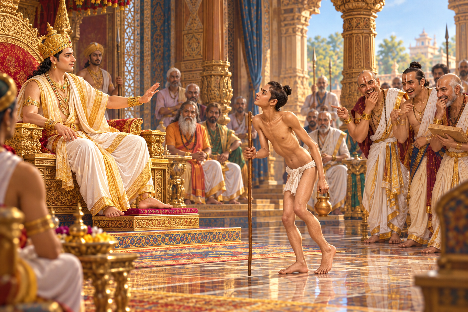 Young Ashtavakra, his body visibly crooked and supported by a walking stick, stands before King Janak in an ancient Indian royal court while several scholars laugh at his physical appearance.