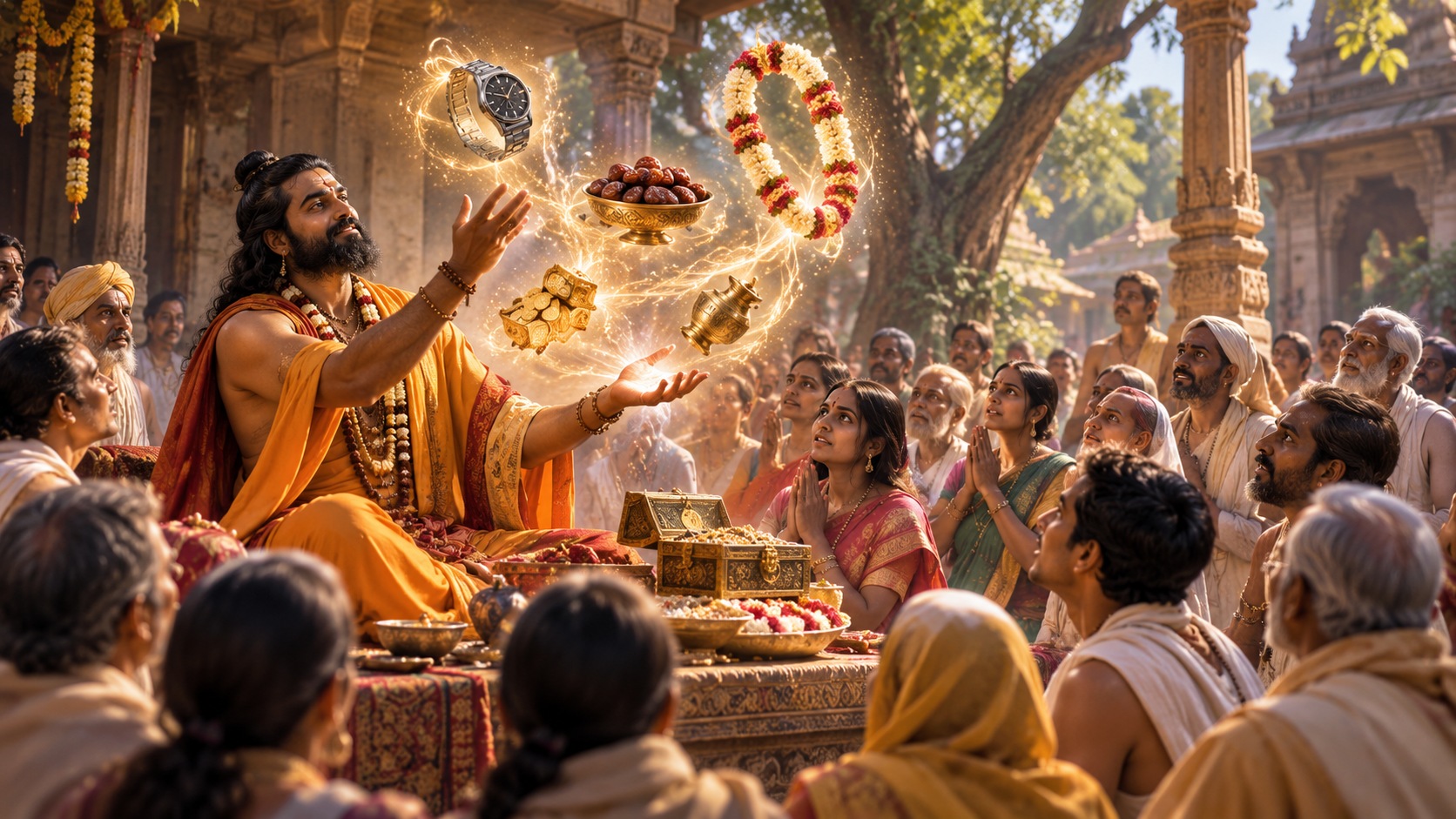 A yogi displays mystical powers by making watches, dates, garlands, and other objects appear before an astonished crowd.