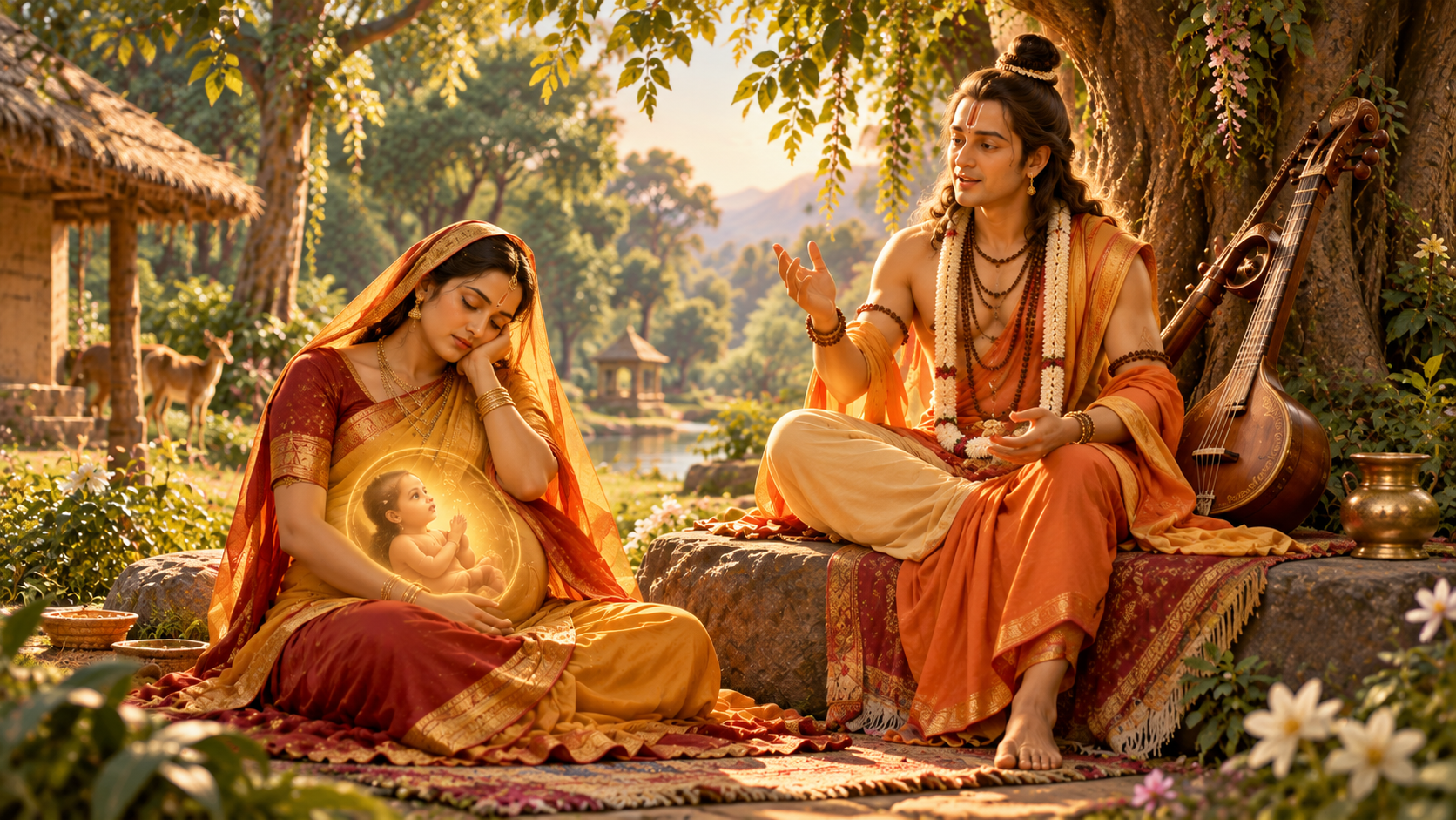 Narad Muni continues teaching spiritual wisdom while Kayadhu dozes beside him, as the unborn Prahlad remains awake and attentively listens from within her womb.
