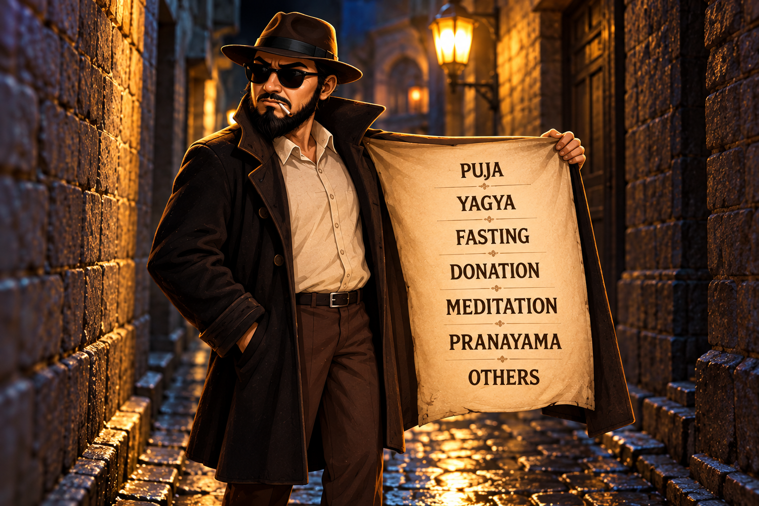 A suspicious-looking man in a dark alley displays a list of spiritual practices including puja, yagya, fasting, donation, meditation, and pranayama.