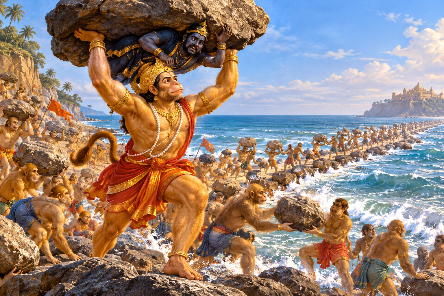 Hanuman Ji carries a massive boulder while leading the Vanar Sena in building the bridge to Lanka, as Shani sits beneath the boulder and pleads for relief.