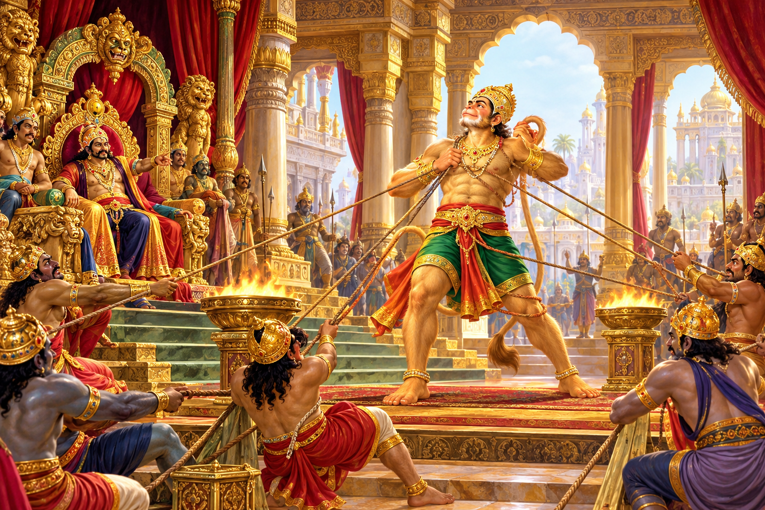 Hanuman Ji stands fearlessly in the royal court of Ravana in Lanka while guards surround and restrain Him with ropes.