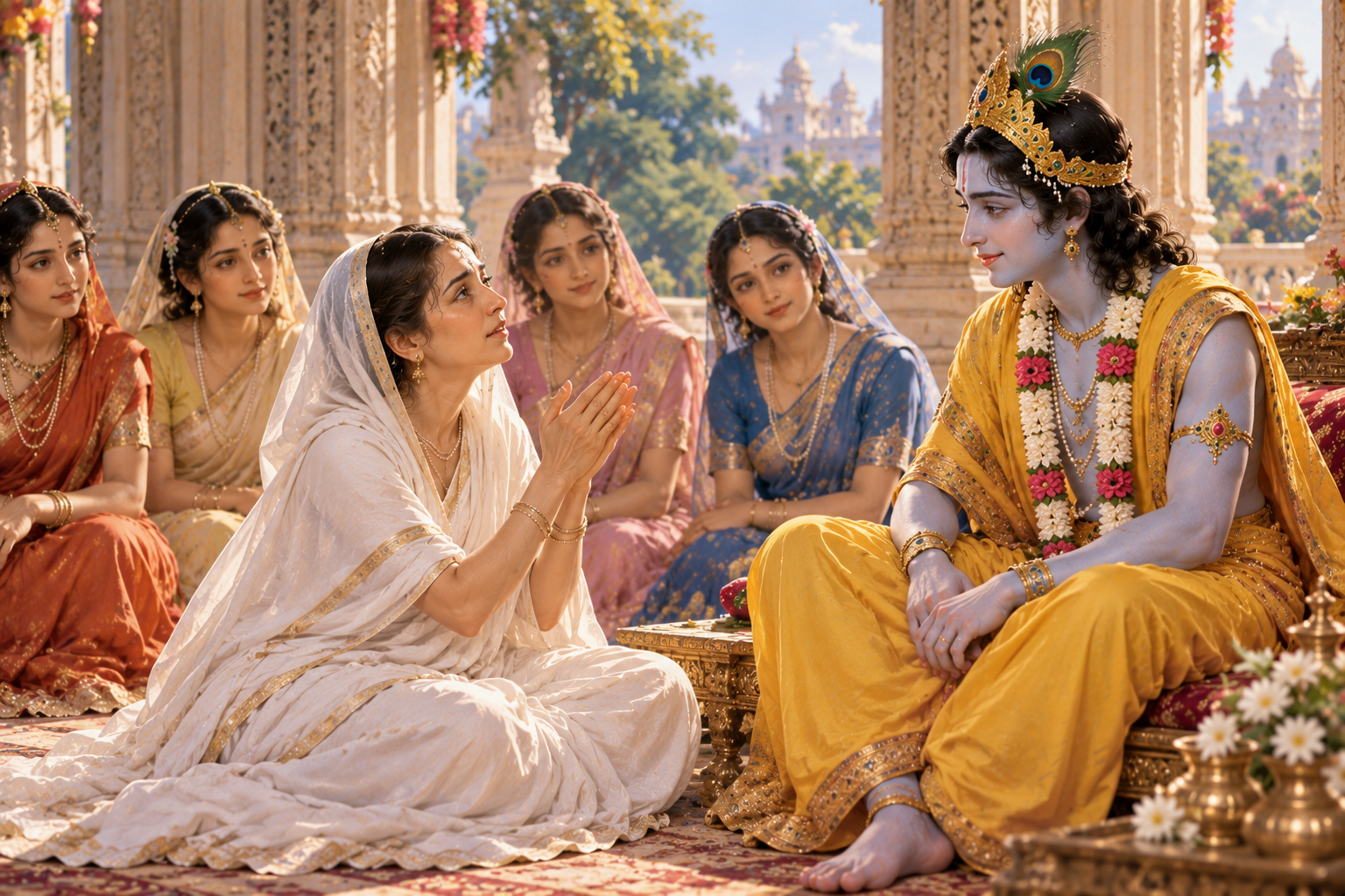 Kunti, humbly prays before Shri Krishna, asking Him to give her adversity so that she may remain humble and close to Him.