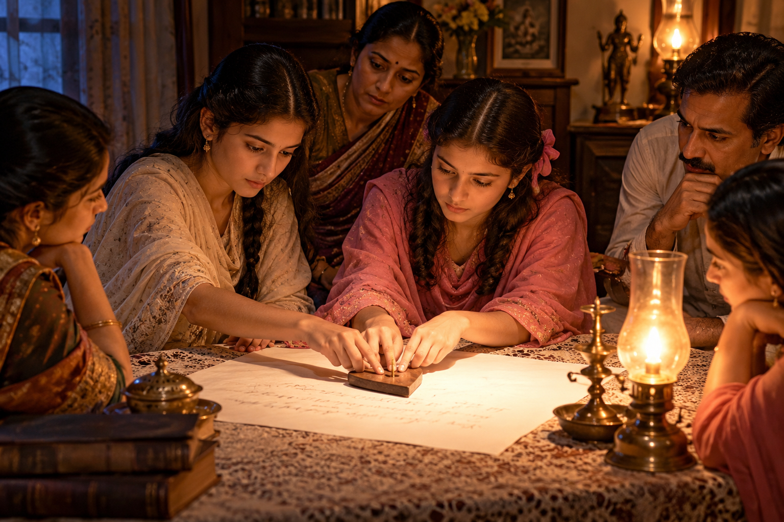 A group gathered around a table as two young women use a wooden planchet to attempt communication with a departed soul.