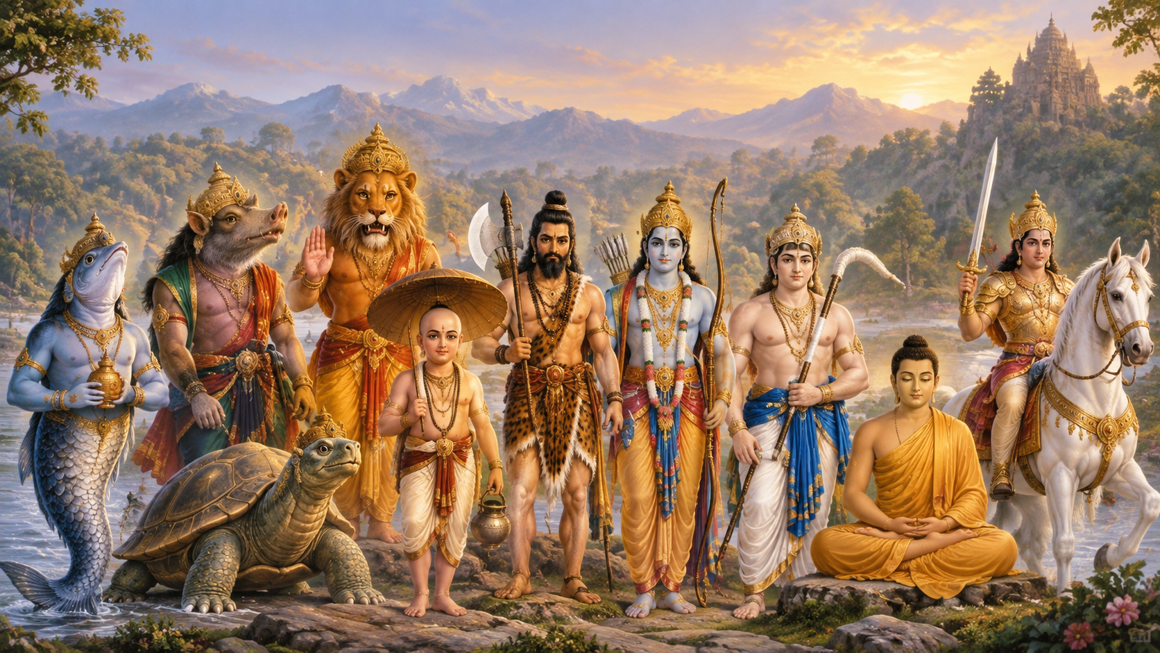 The ten principal Avatars of God gathered in a harmonious sacred composition.