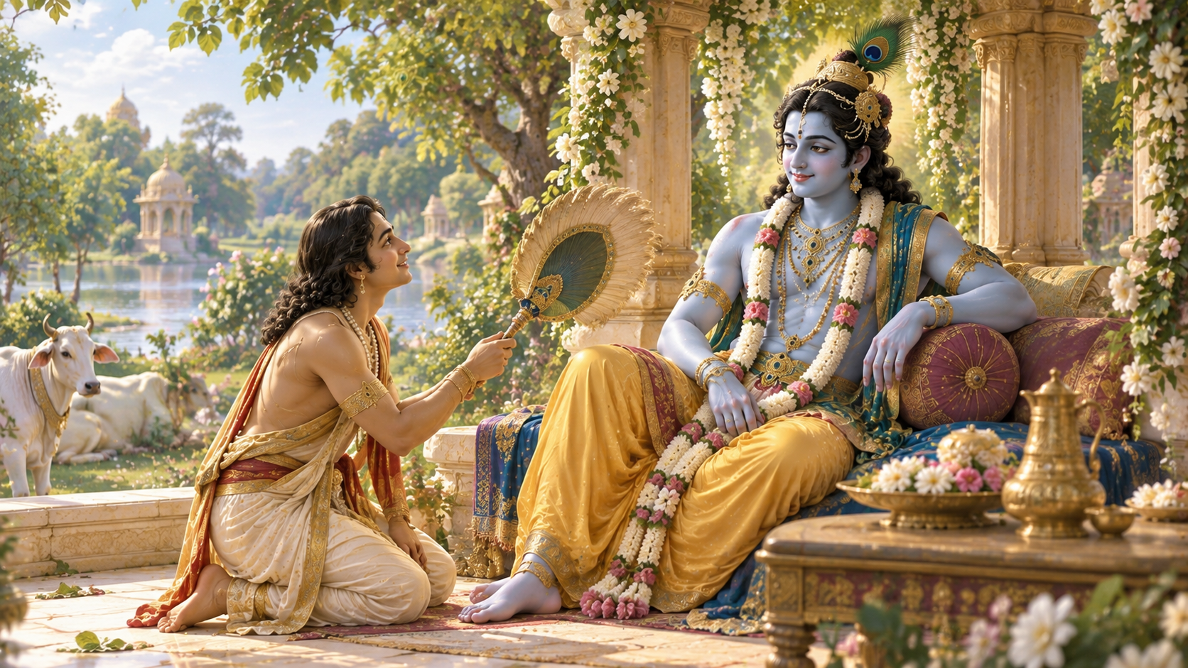 A devoted servant reverently performing personal seva for Shri Krishna