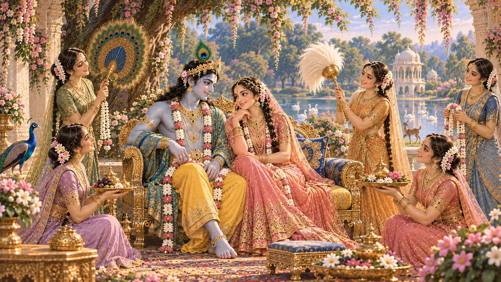 Gopis joyfully serving Shri Radha and Shri Krishna in Vrindavan.