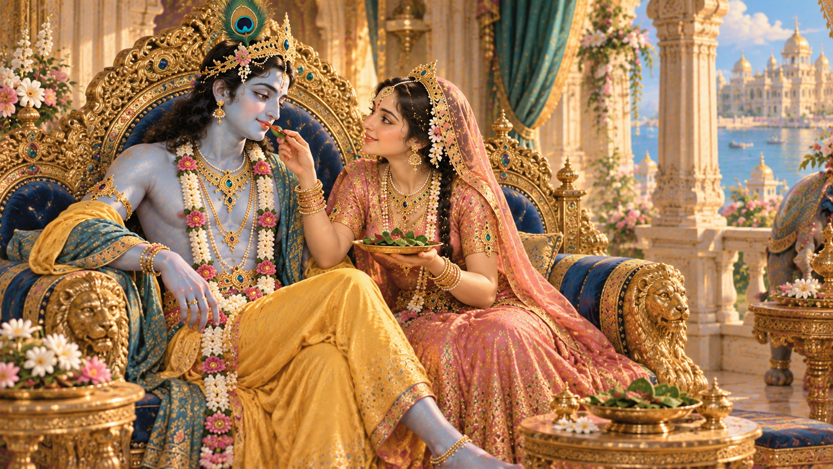Rukmini lovingly serving Shri Krishna as her beloved husband.
