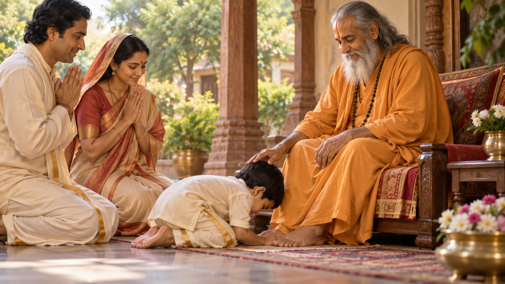 A young child bowing respectfully at the feet of a spiritual teacher