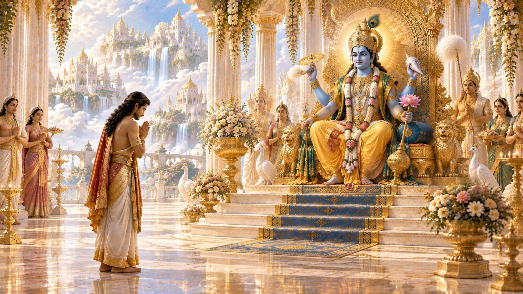 A devotee standing with folded hands before Lord Vishnu seated majestically as Divine King