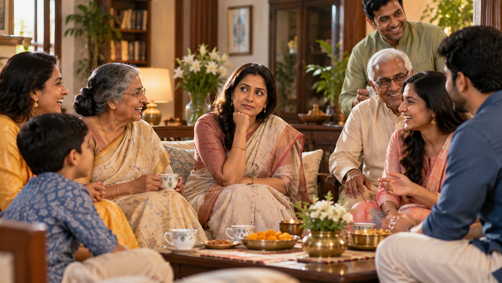 A woman sits pensively at a family gathering while people around her talk and enjoy one another's company.