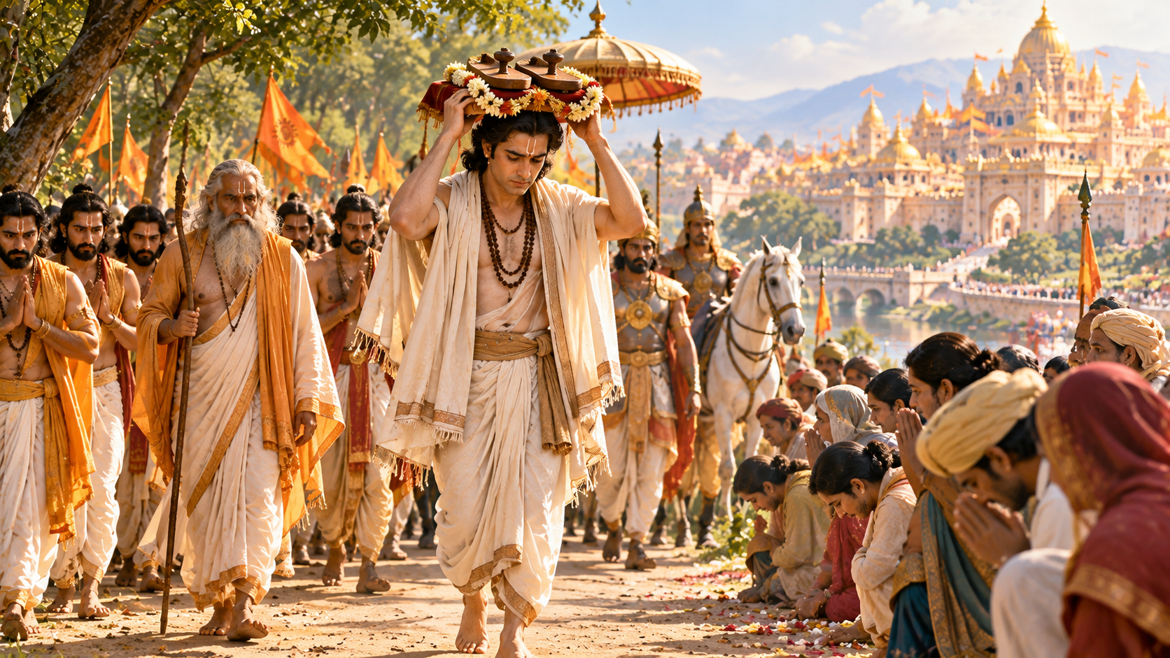Bharat, dressed as an ascetic, carries Shri Ram's wooden sandals on his head while returning toward Ayodhya.