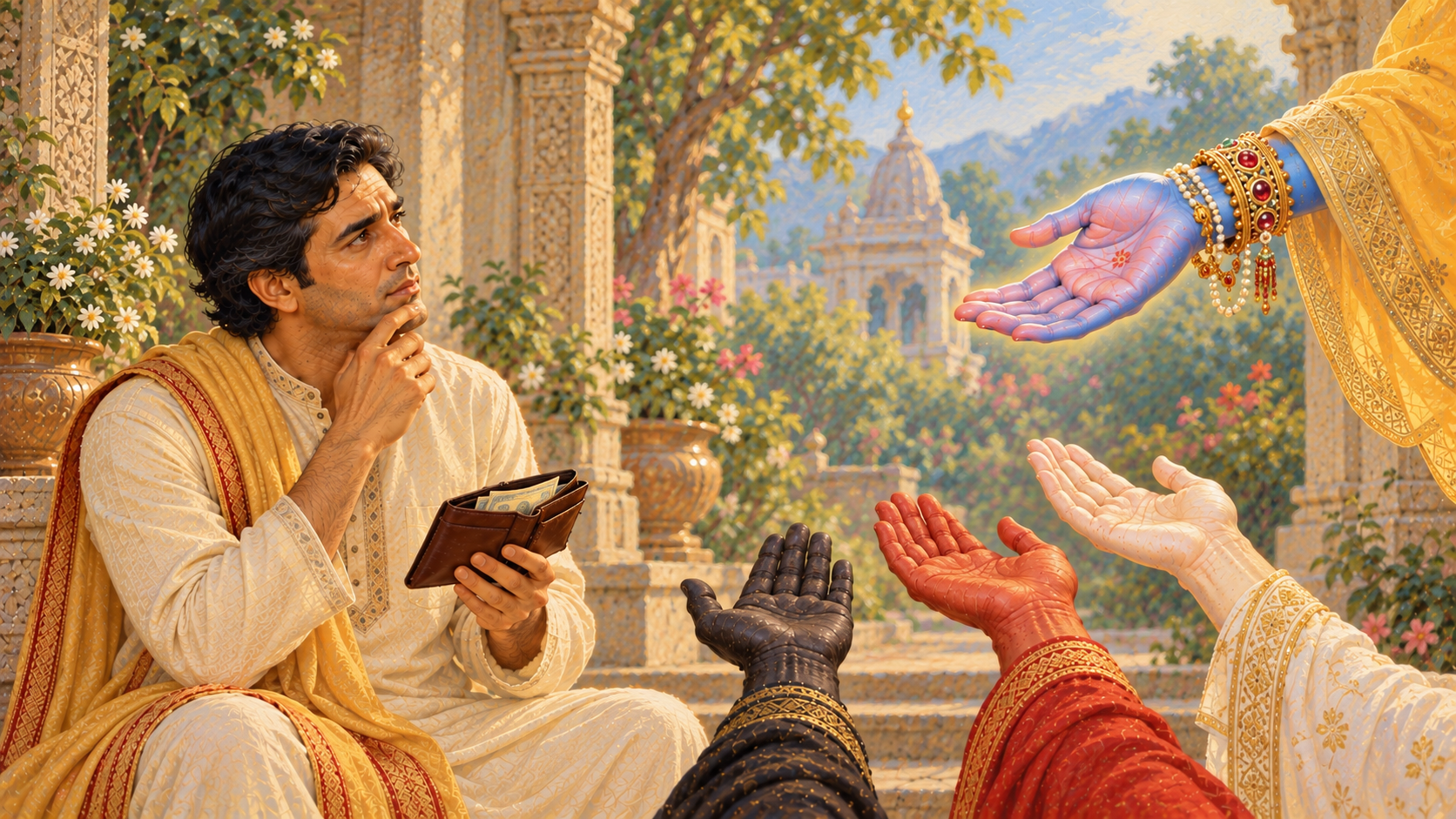 Traditional Indian painting of a householder holding a wallet, contemplating four outstretched hands symbolizing the three gunas of Maya and Shri Krishna.