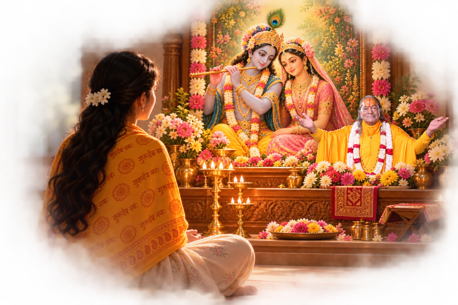 A devotee sits in loving remembrance of Shri Radha Krishna during Sadhana Bhakti.