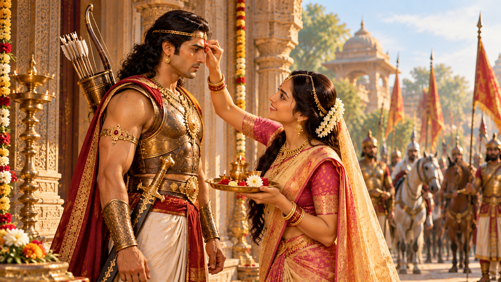 Prince Sudhanva and his wife share a lighthearted exchange as he prepares to leave for battle.