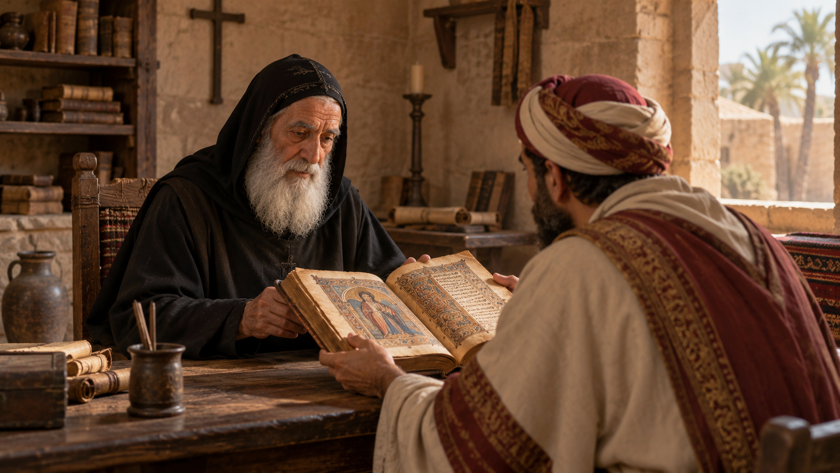An elderly abbot examines a precious book presented by a visitor inside an ancient Egyptian monastery.
