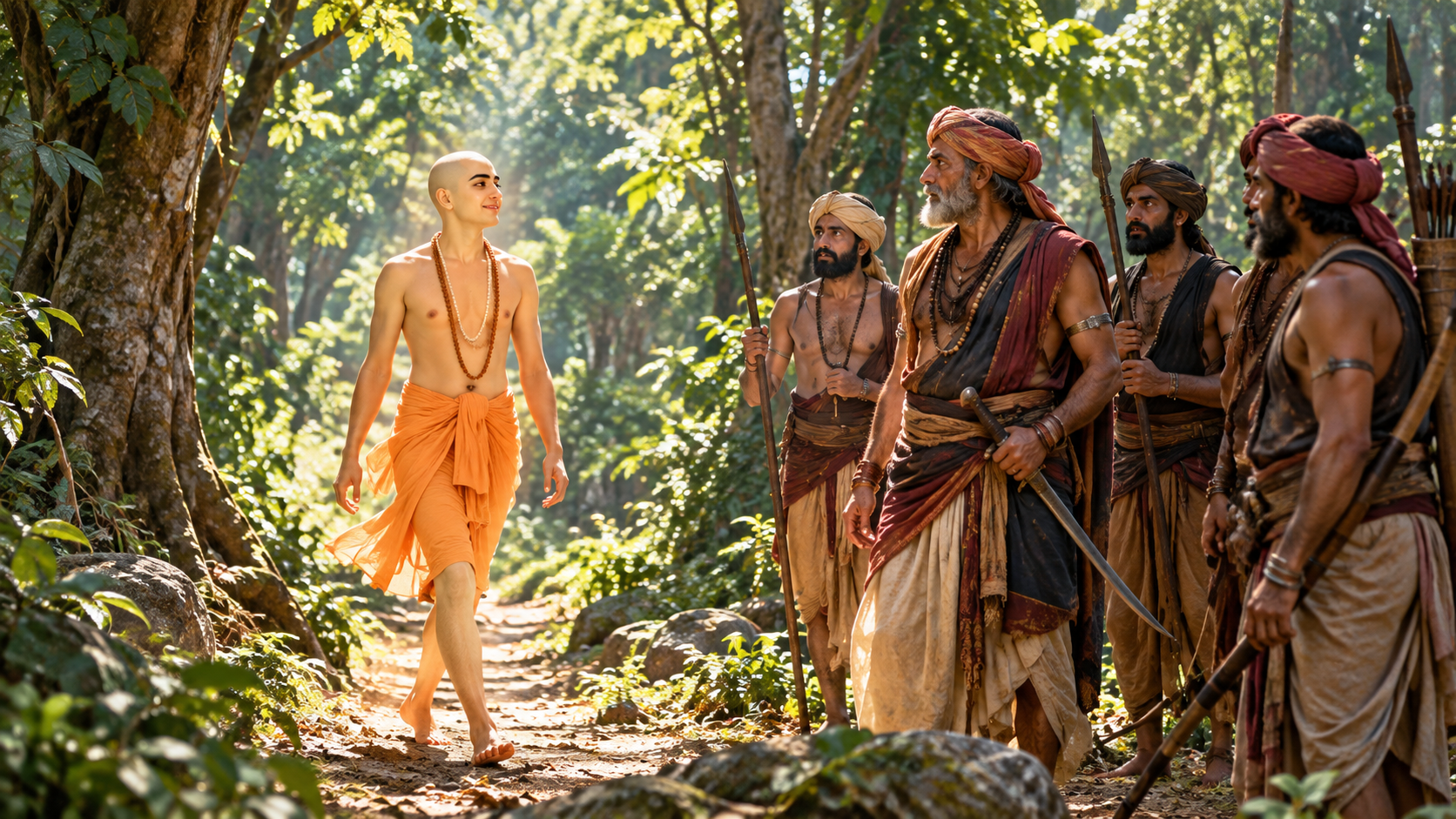 Mahaprabhu Chaitanya approaches Naoroji and his armed companions in a forest in southern India.