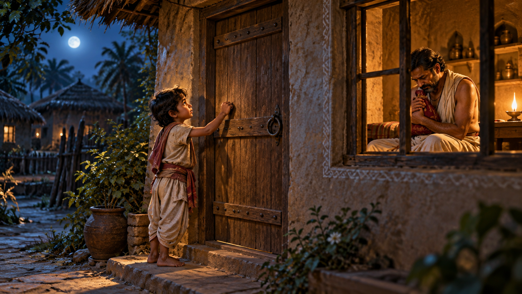 A young boy knocks on his father's cottage door at midnight while his grieving father sits inside holding a bag of ashes.