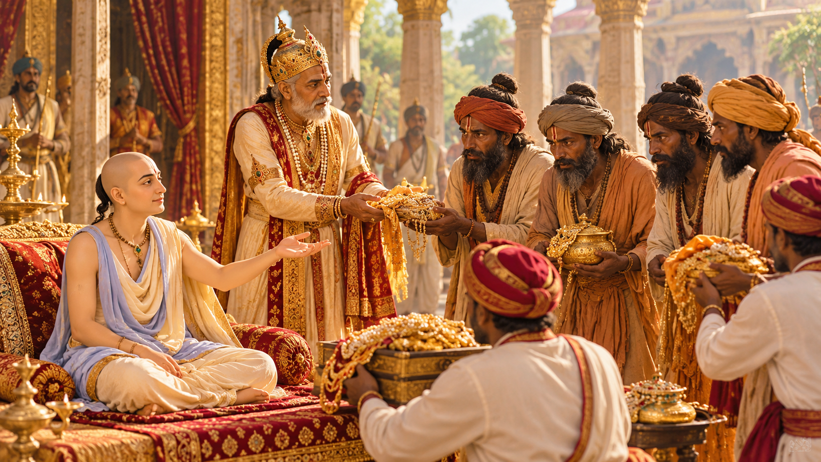 Saint Jaidev gestures toward four visiting ascetics as Raja Lakshman Sen prepares to offer them gold.