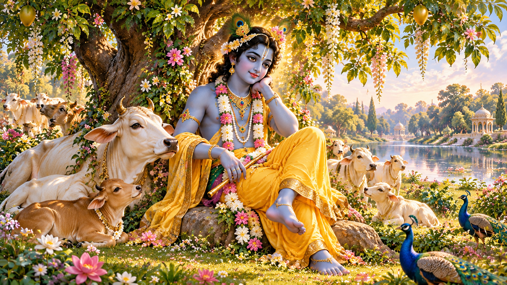 Shri Krishna sits beneath a Kalpavriksha in a beautiful Vrindavan grove near the Yamuna.