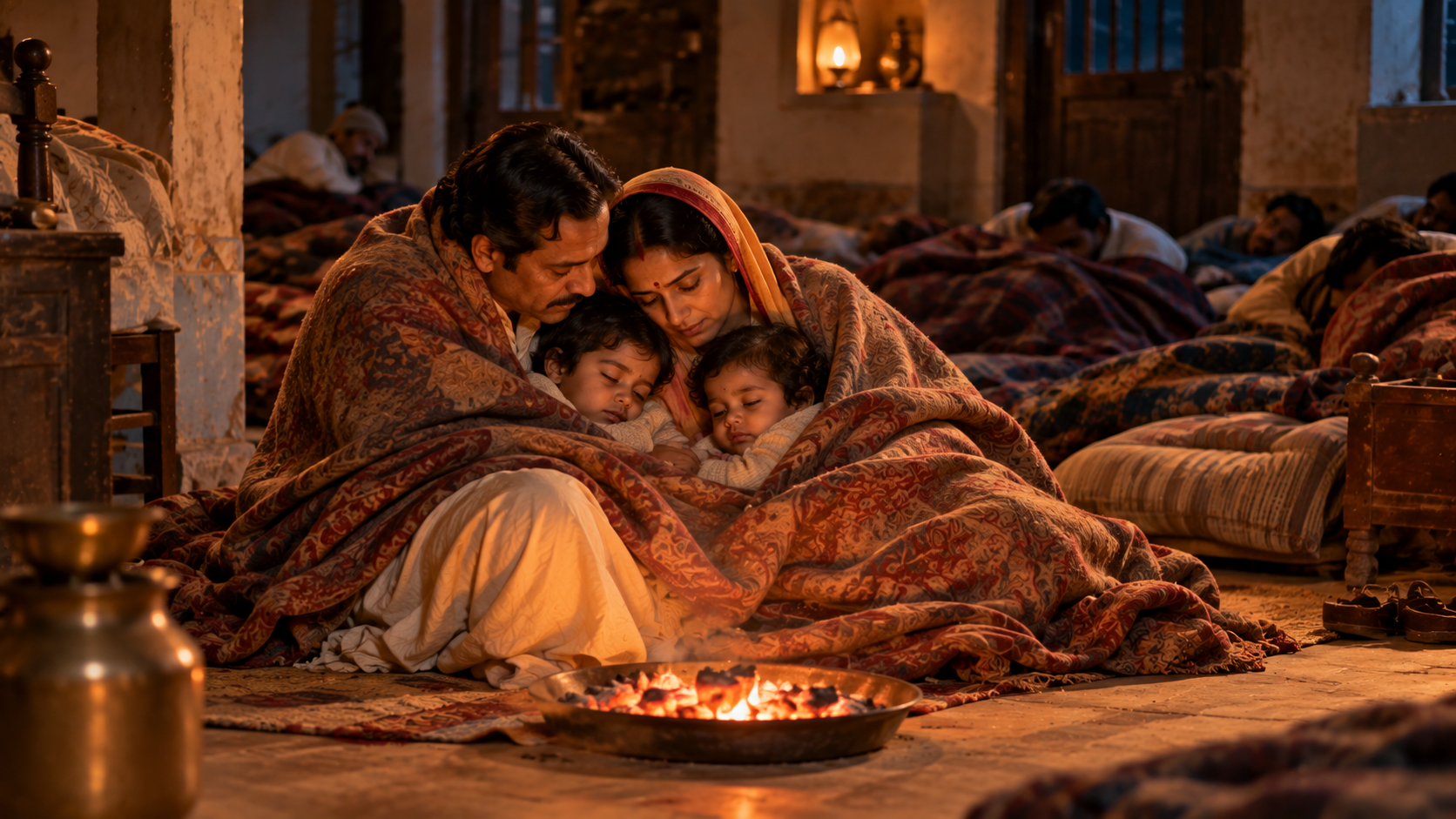 Mahabani Ji and his wife huddle with their two young children under a blanket, warming themselves beside a shallow pan of glowing embers on a cold night. Hero Image Caption After giving up th